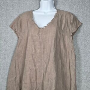 Talia Benson Womens XXL Tunic Top Taupe Linen Crochet Trim Made In Italy